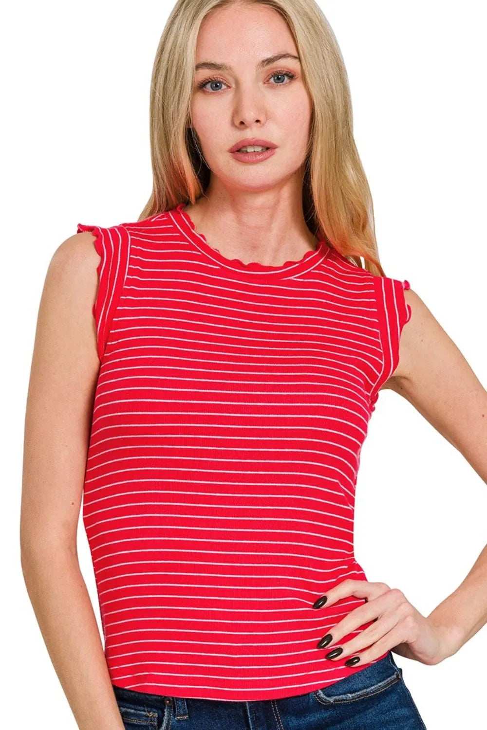 Zenana Ribbed Ruffle Trim Sleeveless Stripe Top - Trendsi - Flyclothing LLC