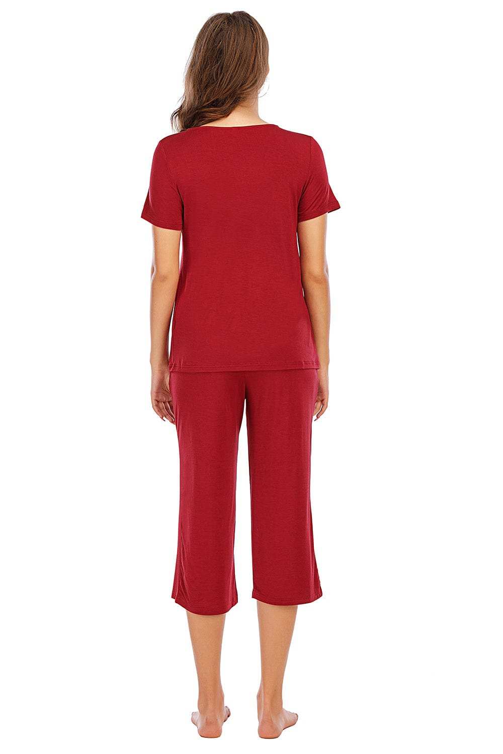 V-Neck Short Sleeve Top and Pants Lounge Set - Trendsi - Flyclothing LLC