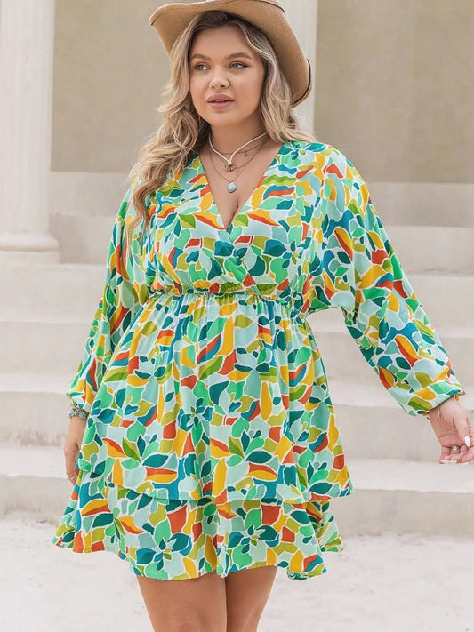 Plus Size Printed Surplice Long Sleeve Mini Dress - Trendsi - Flyclothing LLC