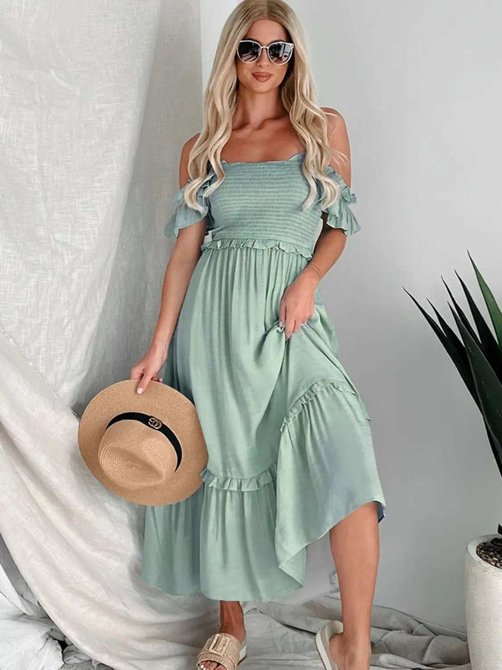 Frill Smocked Off-Shoulder Ruffle Sleeve Dress - Trendsi - Flyclothing LLC