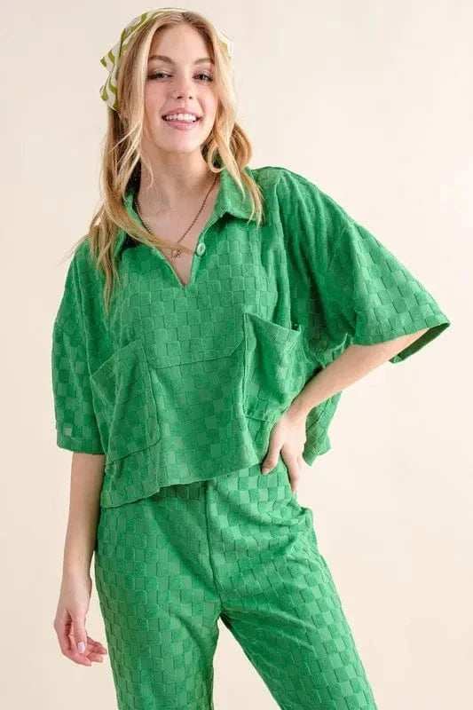 And The Why Brushed Texture Checker Board Pattern Casual Top - Trendsi - Flyclothing LLC