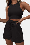 Round Neck Top and Drawstring Shorts Set - Trendsi - Flyclothing LLC
