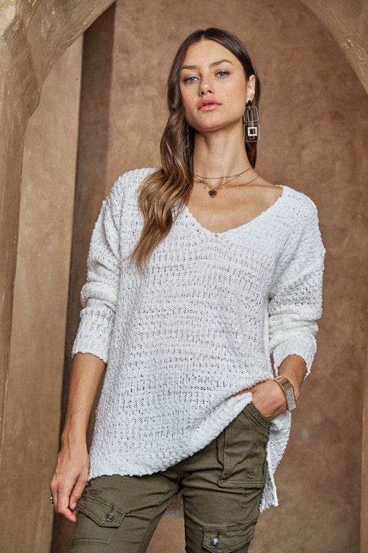 ADORA High-Low Side Slit V-Neck Sweater - Trendsi - Flyclothing LLC