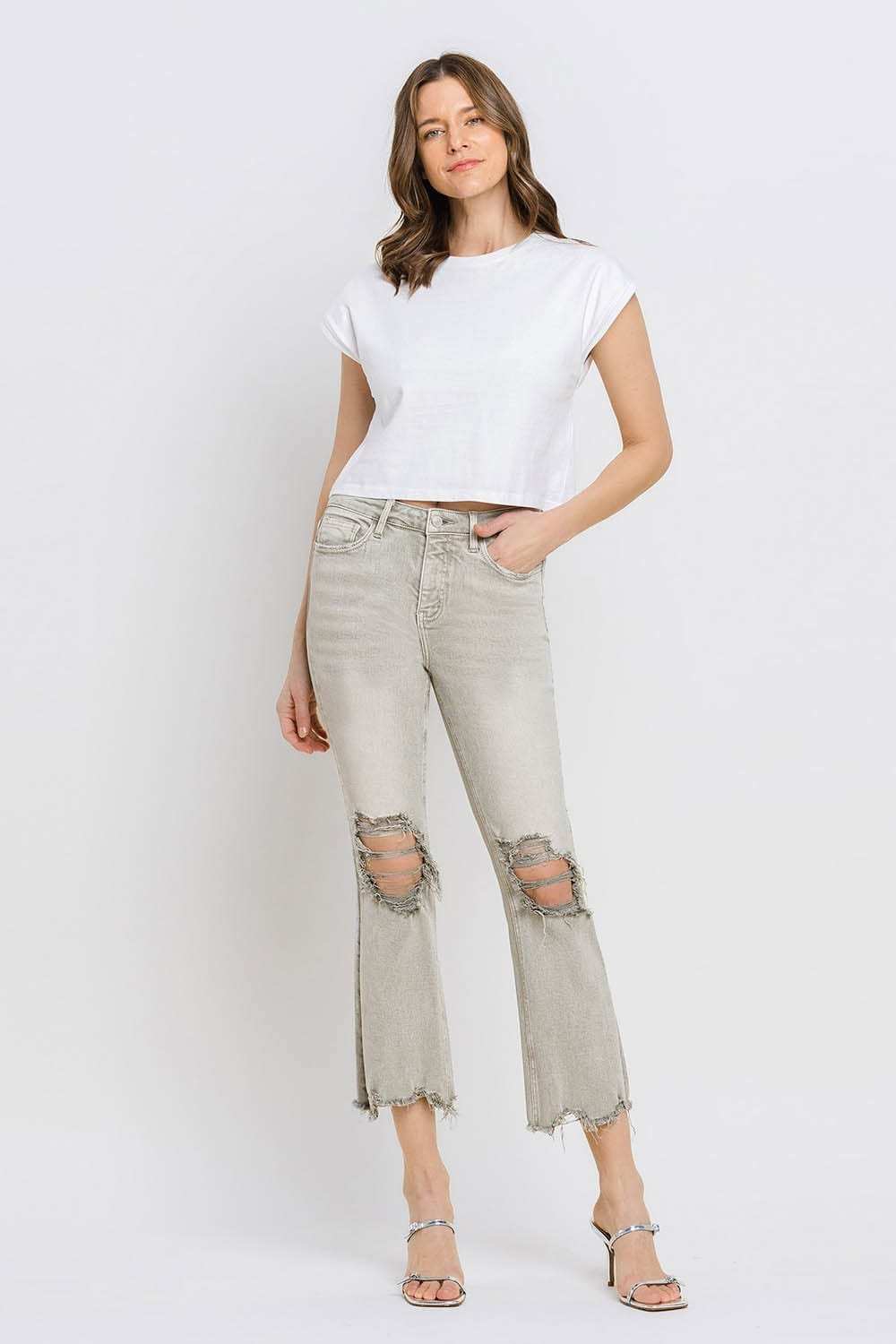 Lovervet Distressed Raw Hem Cropped Flare Jeans - Trendsi - Flyclothing LLC