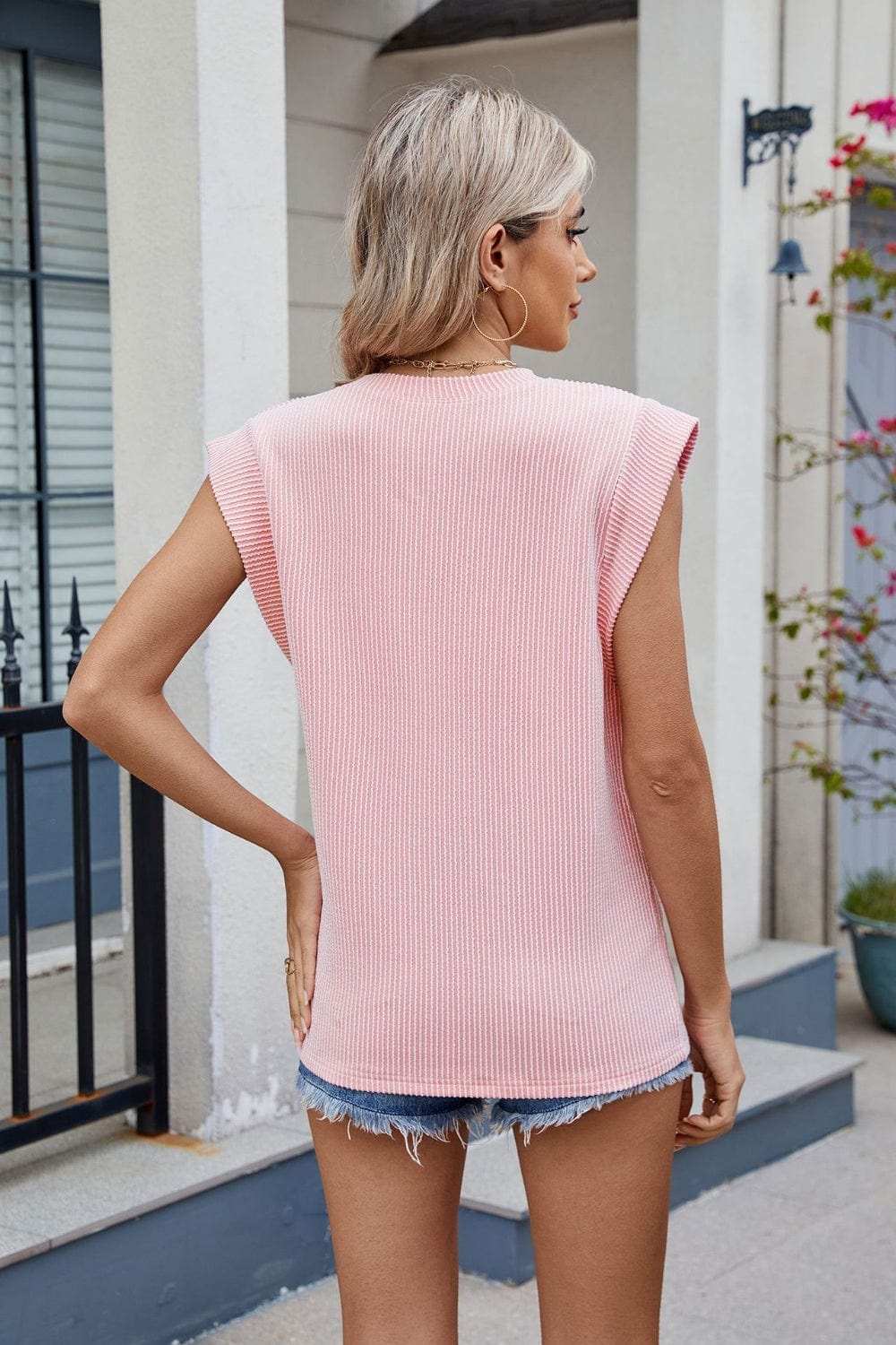 Corded Rib Round Neck T-Shirt - Trendsi - Flyclothing LLC
