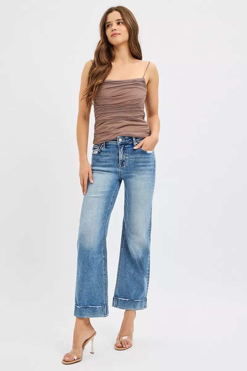 RISEN Full Size Mid Rise Crop Straight Jeans with Taylor Cuffed Plus Size - Trendsi - Flyclothing LLC