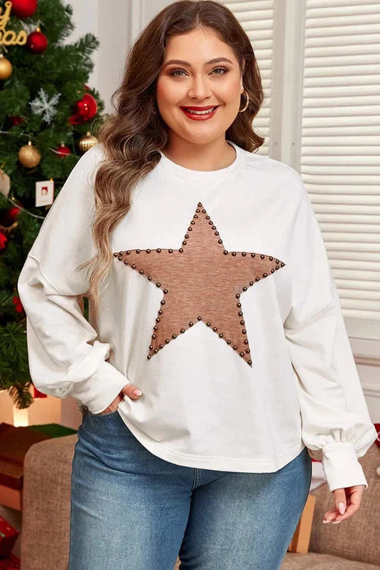 Plus Size Studded Star Round Neck Long Sleeve Blouse - Trendsi - Flyclothing LLC