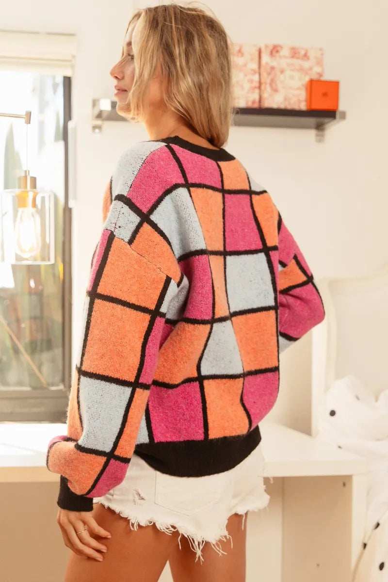 BiBi Multi Color Checker Pattern Sweater - Trendsi - Flyclothing LLC