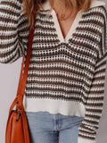 Stripe Eyelet Hollow-out Contrast Collared Pullover Chic Sweater - Trendsi - Flyclothing LLC