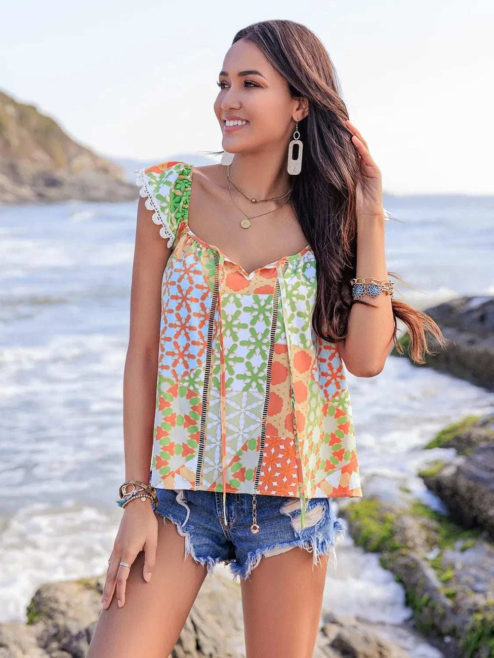 Lace Detail Printed Tie Neck Cap Sleeve Blouse - Trendsi - Flyclothing LLC