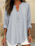 Solid Color Notched Long Sleeve Blouse - Trendsi - Flyclothing LLC