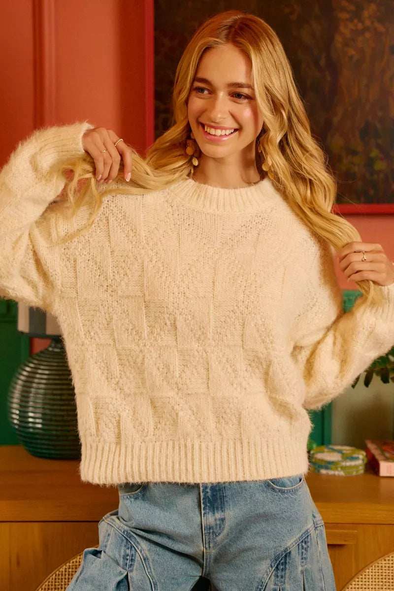 BiBi Checker Board Drop Shoulder Sweater - Trendsi - Flyclothing LLC