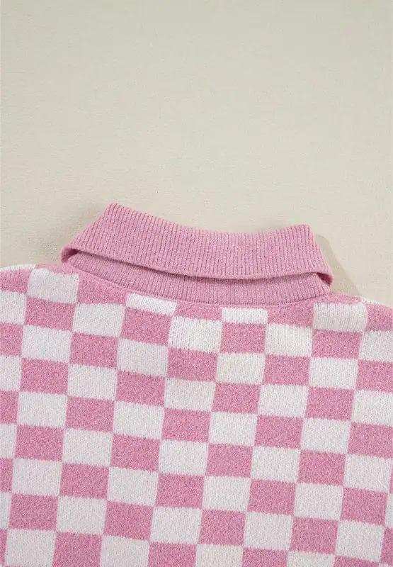 Checkered Collared Neck Long Sleeve Sweater - Trendsi - Flyclothing LLC