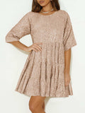 Sequin Round Neck Half Sleeve Mini Dress - Trendsi - Flyclothing LLC