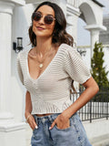 Openwork V-Neck Short Sleeve Knit Top - Trendsi - Flyclothing LLC