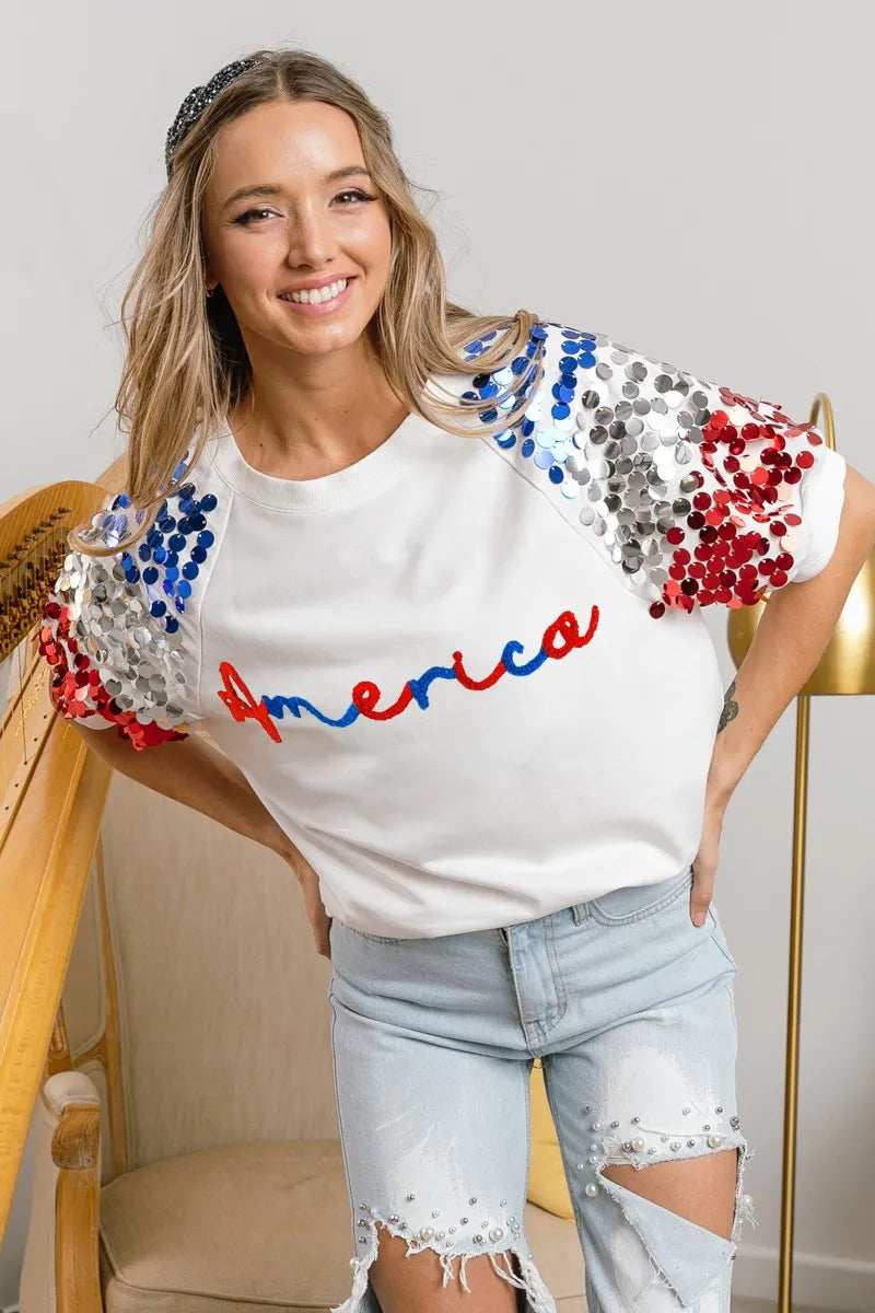 BiBi America Letter Applique Spangle Puff Sleeves Top - Trendsi - Flyclothing LLC