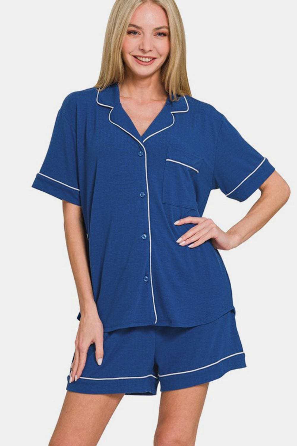 Zenana Button Down Short Sleeve Top and Shorts Lounge Set - Trendsi - Flyclothing LLC
