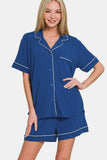 Zenana Button Down Short Sleeve Top and Shorts Lounge Set - Trendsi - Flyclothing LLC