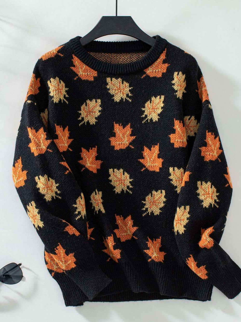 Maple Leaf Round Neck Long Sleeve Sweater - Trendsi - Flyclothing LLC