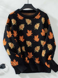 Maple Leaf Round Neck Long Sleeve Sweater - Trendsi - Flyclothing LLC