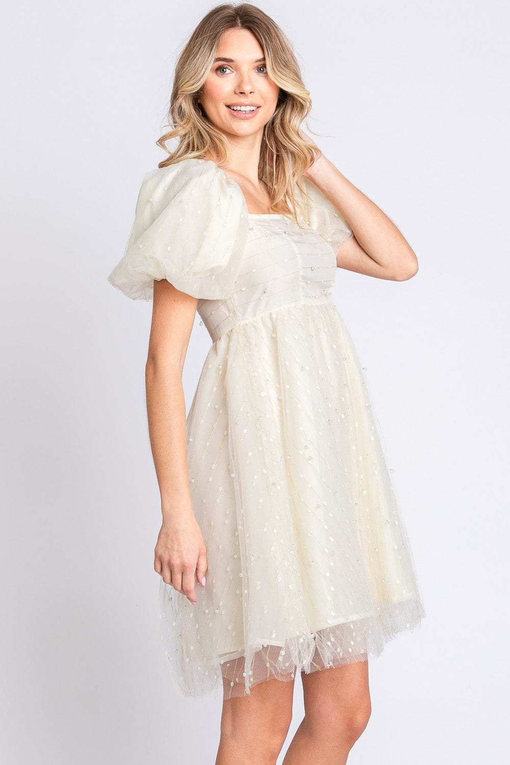 GeeGee Pearl Mesh Puff Sleeve Babydoll Dress - Trendsi - Flyclothing LLC
