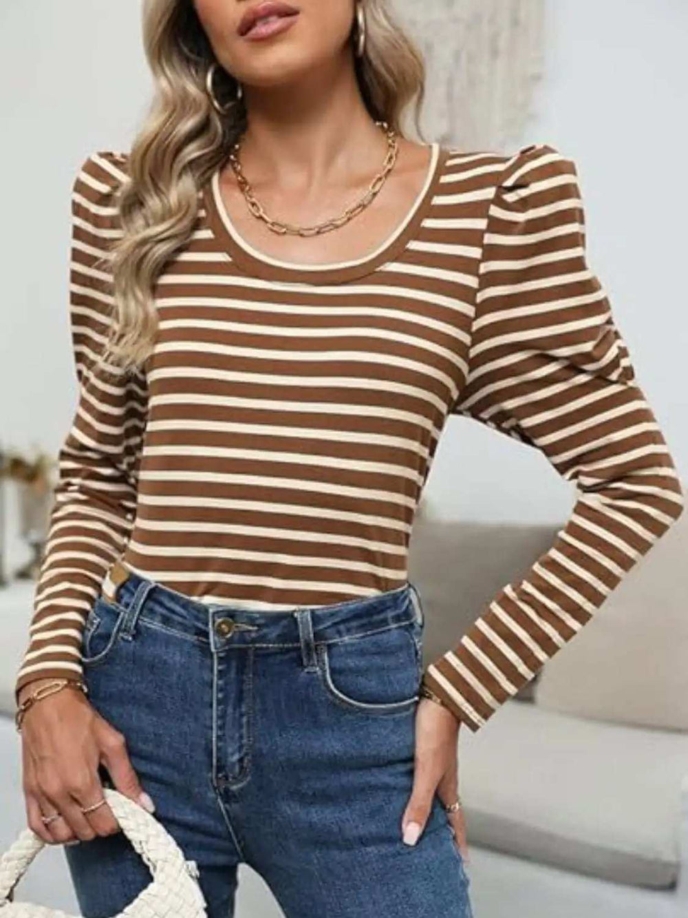 Striped Round Neck Long Sleeve T-Shirt - Trendsi - Flyclothing LLC