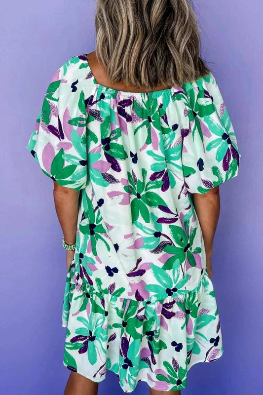 Floral Print Shirred Square Neck Loose Fit Mini Dress - Trendsi - Flyclothing LLC