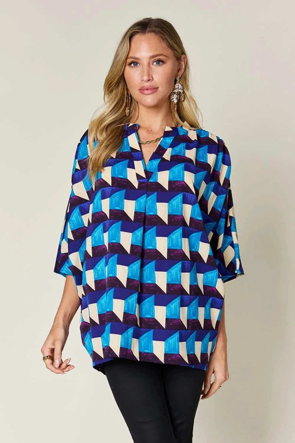 Double Take Full Size Geometric Notched Half Sleeve Blouse - Trendsi - Flyclothing LLC