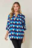 Double Take Full Size Geometric Notched Half Sleeve Blouse - Trendsi - Flyclothing LLC