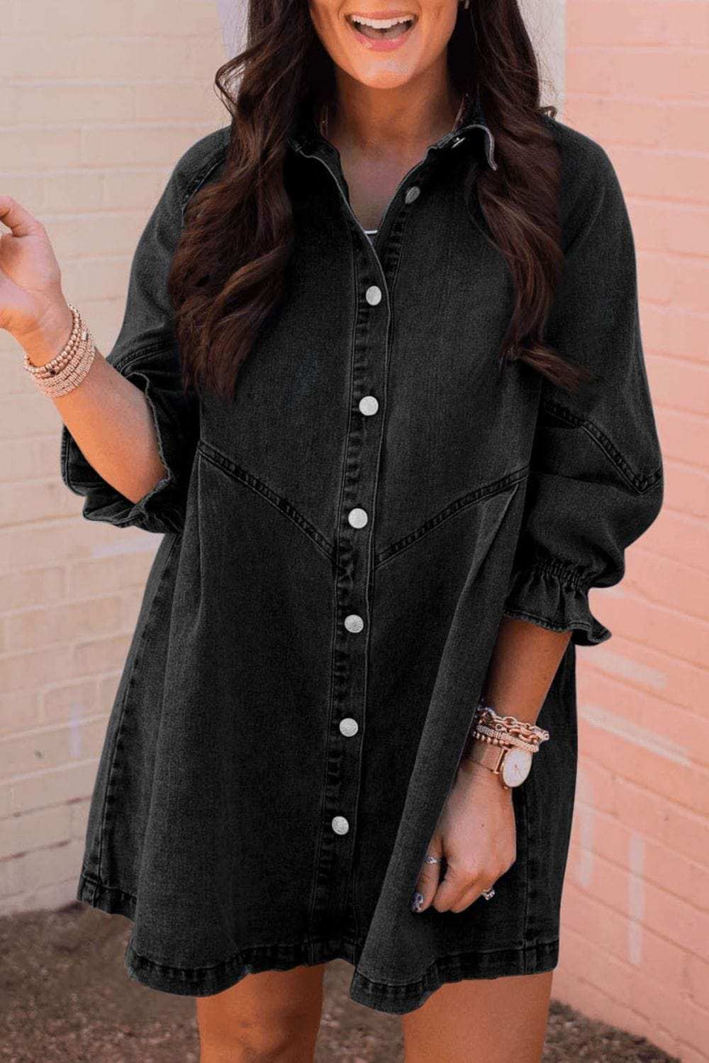 Distressed Collared Neck Flounce Sleeve Denim Dress - Trendsi - Flyclothing LLC