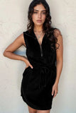 French Terry Zipped Collar Sleeveless Drawstring Waist Mini Dress - Trendsi - Flyclothing LLC