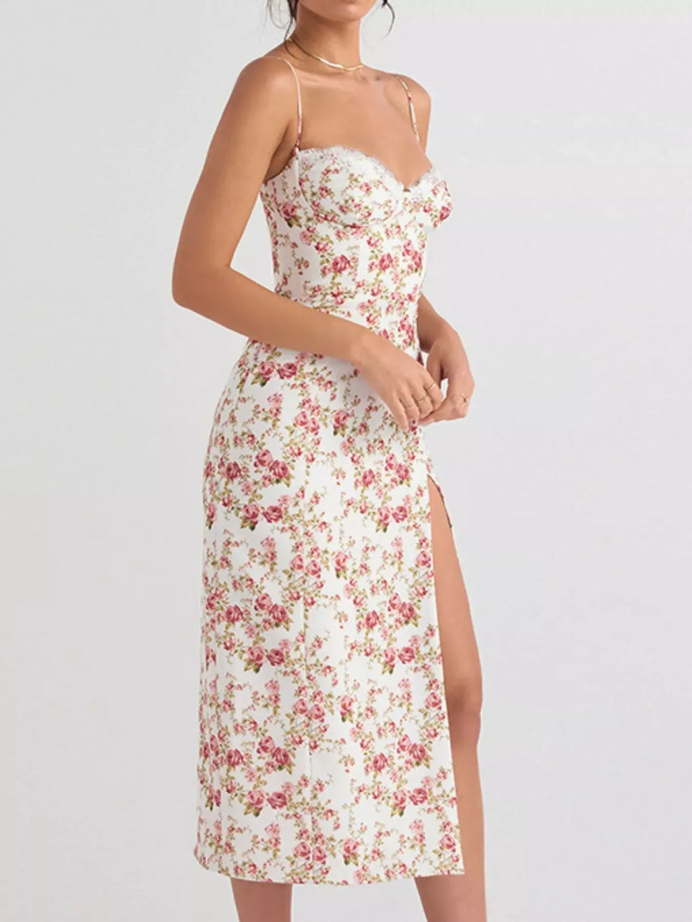 Floral Print Lace Trim Slit Midi Dress - Trendsi - Flyclothing LLC