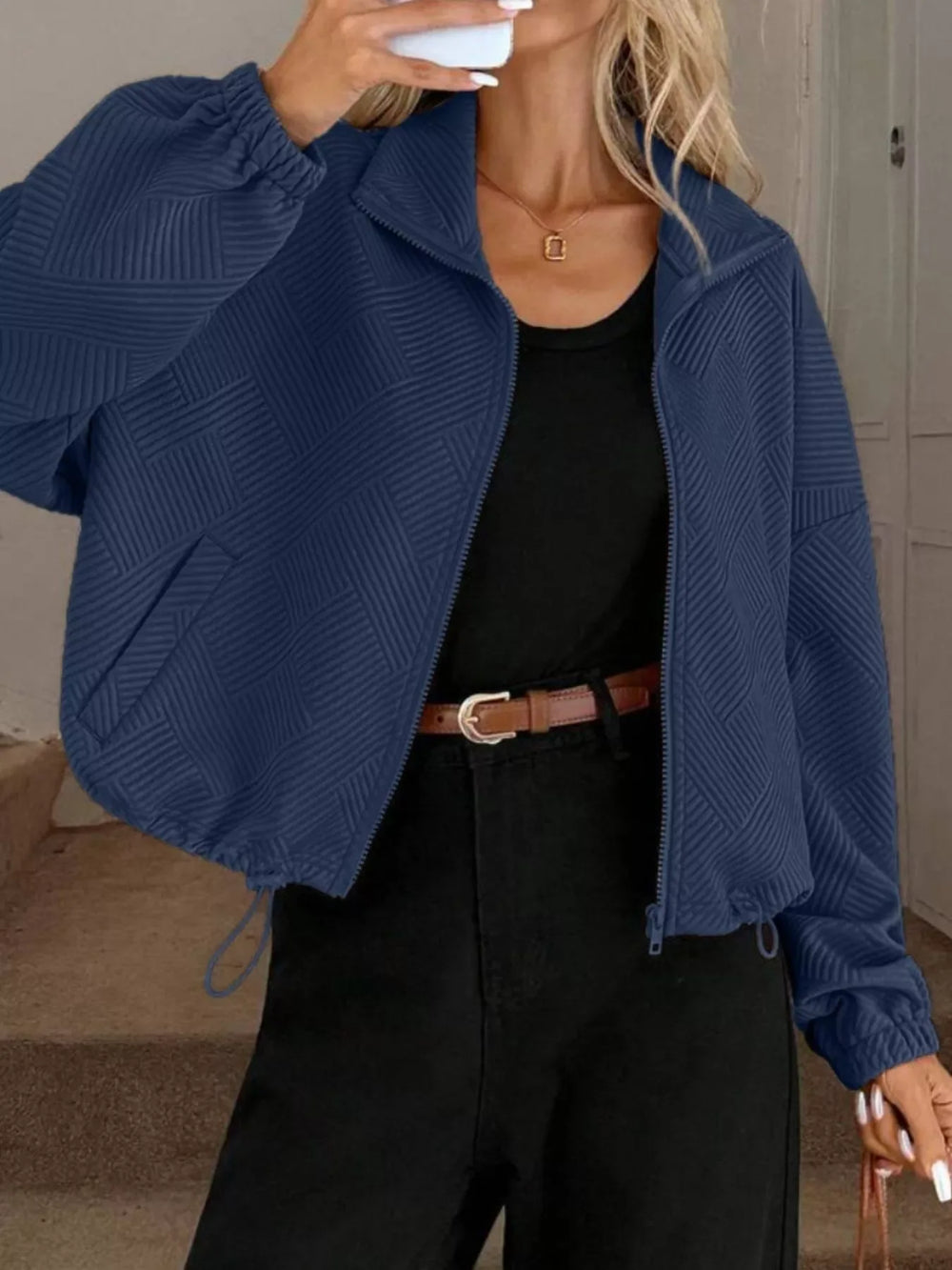 Textured Zip-Up Drawstring Hem Jacket - Trendsi - Flyclothing LLC