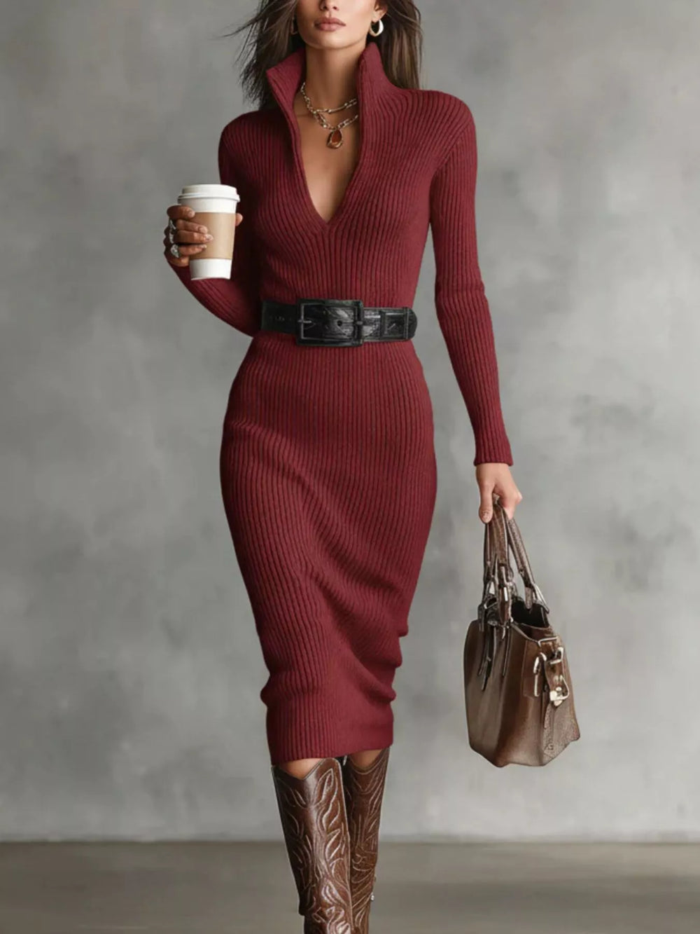 Full Size Ribbed Knit Turtleneck Sweater Dress Plus Size - Trendsi - Flyclothing LLC