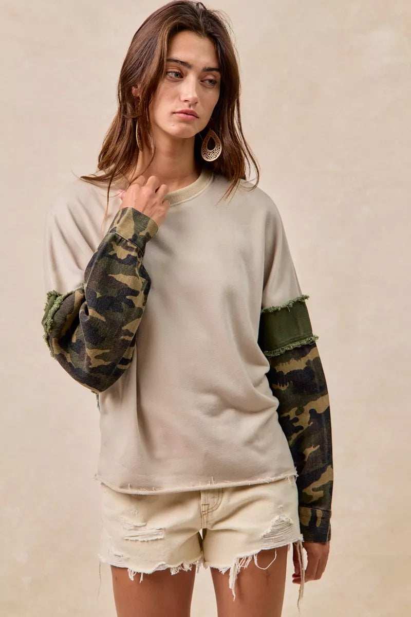 BiBi Camo Sleeve French Terry Top with Frayed Edge - Trendsi - Flyclothing LLC
