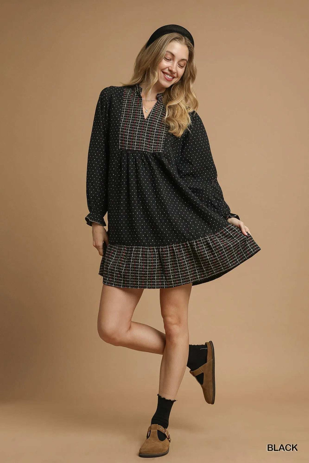 Umgee Polka Dot Plaid Trim Babydoll Dress - Trendsi - Flyclothing LLC