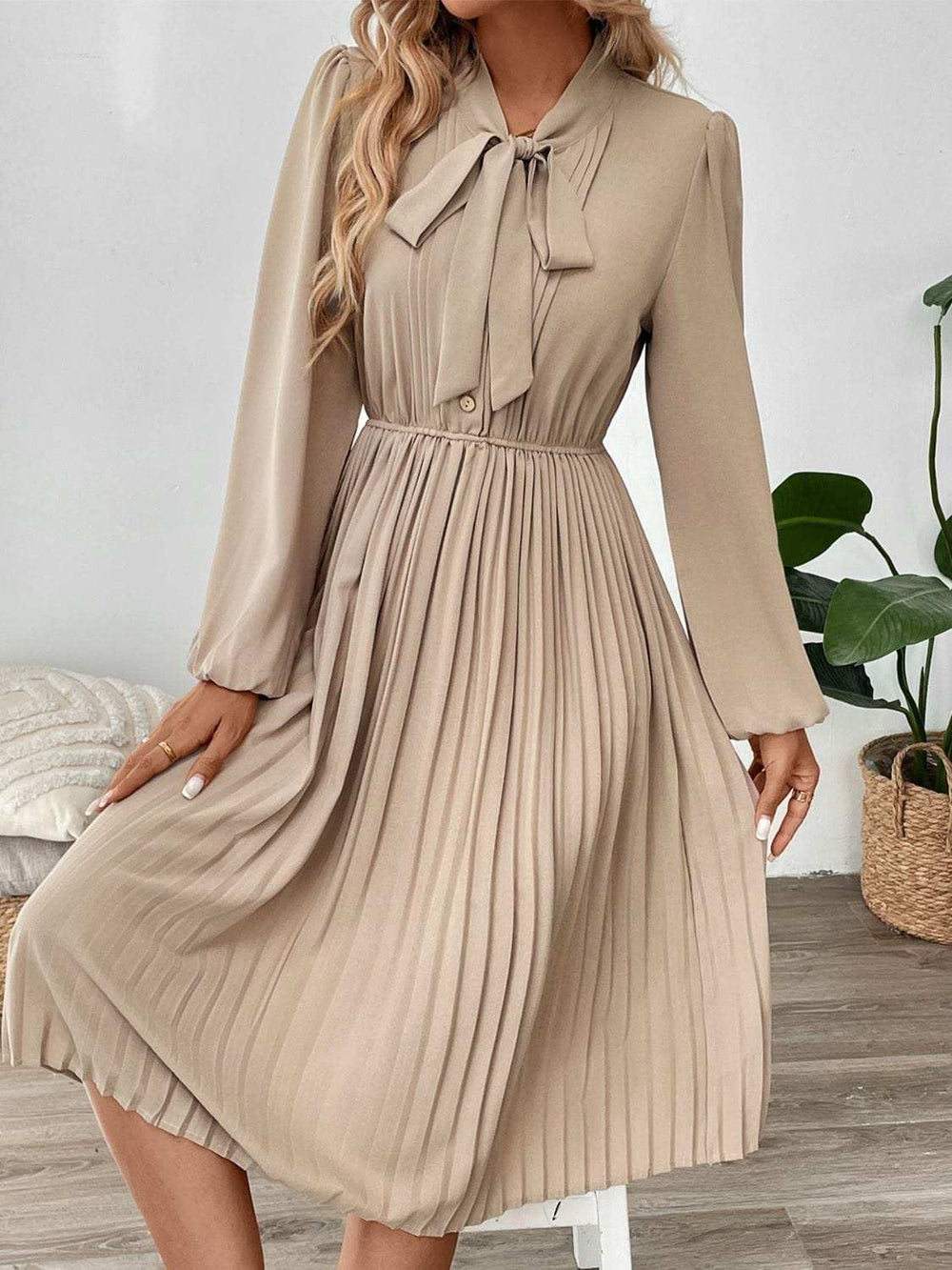 Perfee Pleated Tie Neck Long Sleeve Dress - Trendsi - Flyclothing LLC