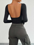 Backless Round Neck Long Sleeve T-Shirt - Trendsi - Flyclothing LLC