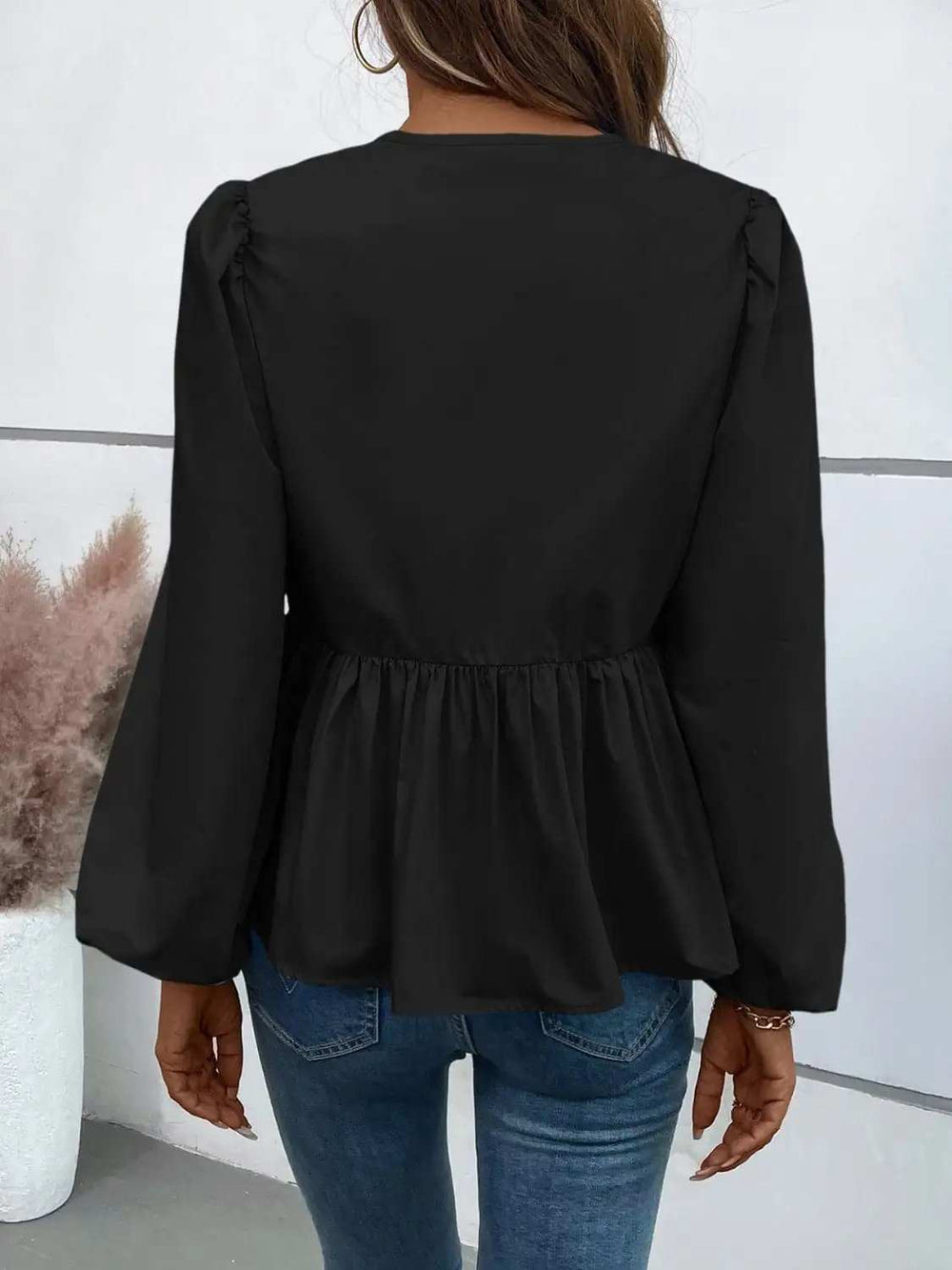 Ivy Lane Peplum Tied Long Sleeve Blouse - Trendsi - Flyclothing LLC