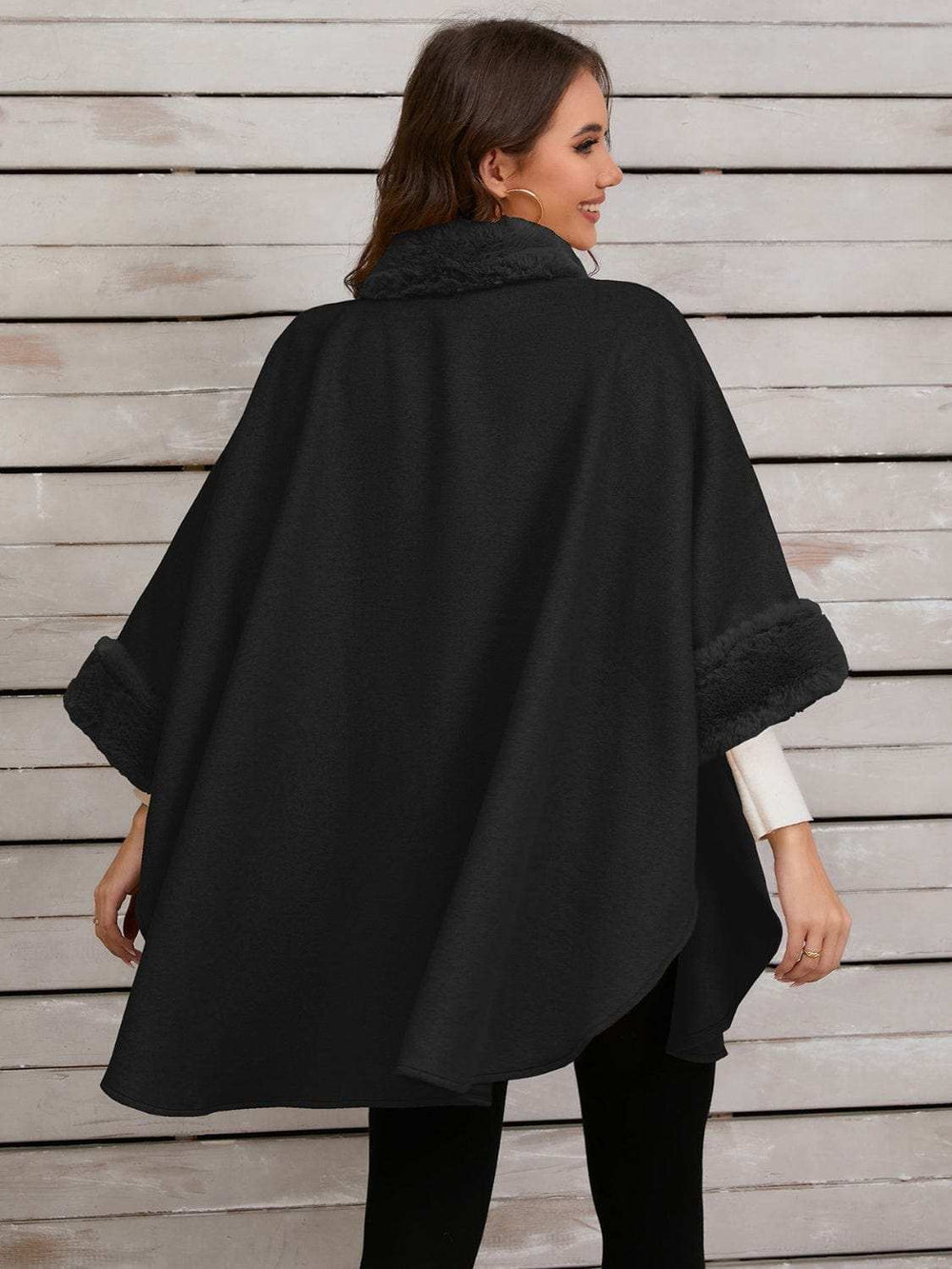 Fuzzy Trim Long Sleeve Poncho - Trendsi - Flyclothing LLC