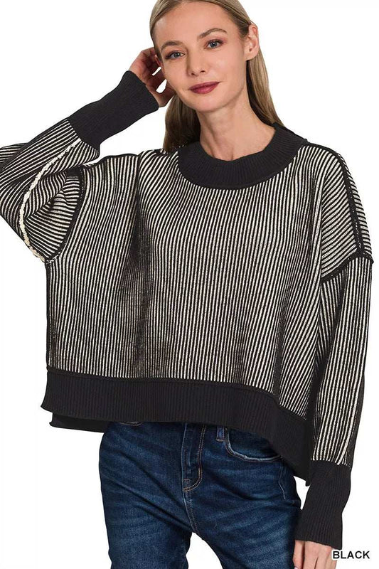 Zenana Ribbed Exposed Seam Two Tone Sweater - Trendsi - Flyclothing LLC