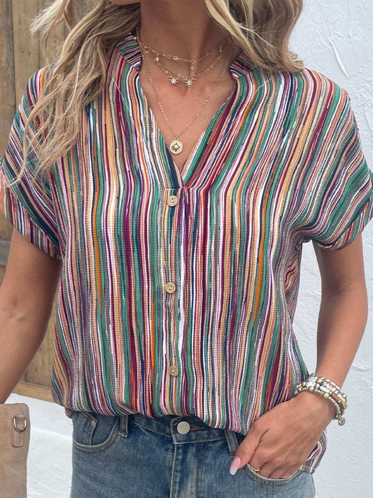 Striped Notched Short Sleeve Blouse - Trendsi - Flyclothing LLC