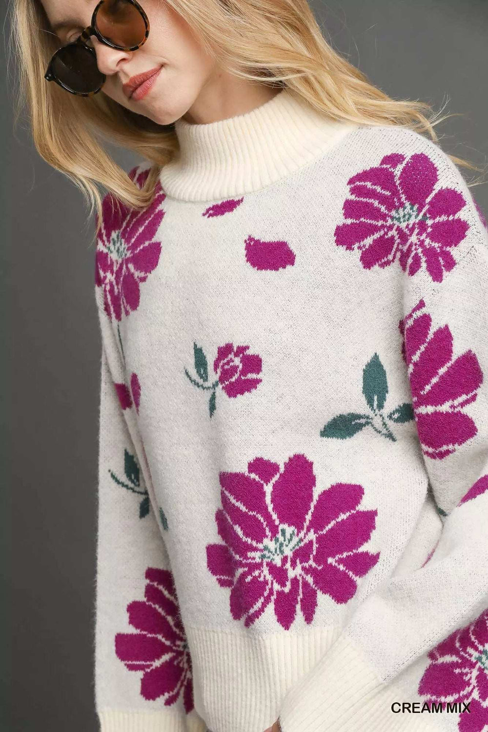 Umgee Floral Patterned Mock Neck Sweater - Trendsi - Flyclothing LLC