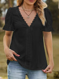 Lace Trim V-Neck Puff Sleeve Blouse - Trendsi - Flyclothing LLC