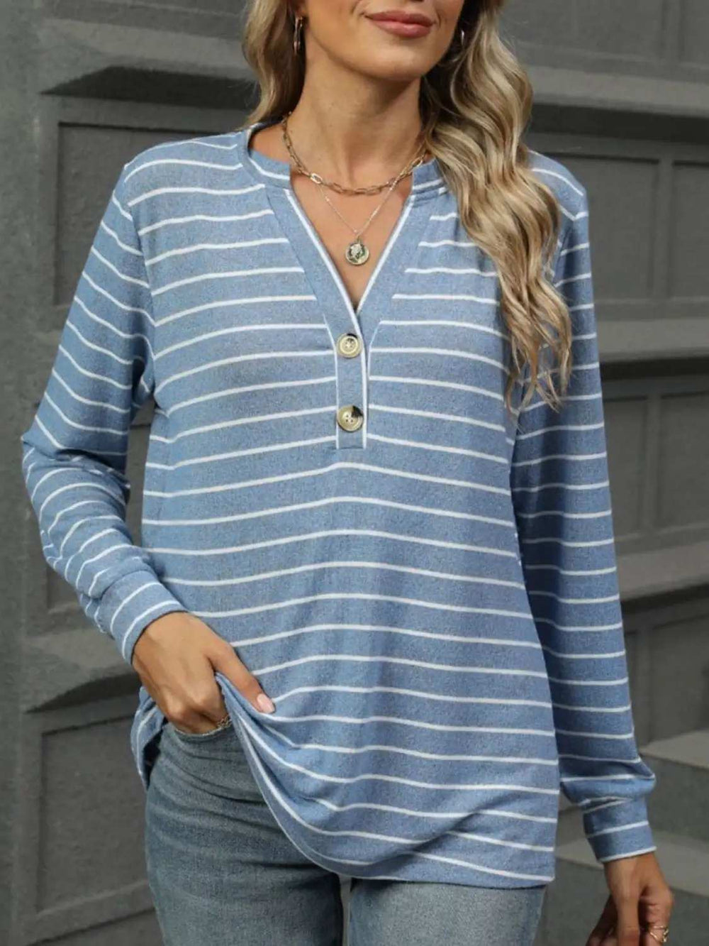 Striped Notched Long Sleeve T-Shirt - Trendsi - Flyclothing LLC