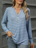 Striped Notched Long Sleeve T-Shirt - Trendsi - Flyclothing LLC