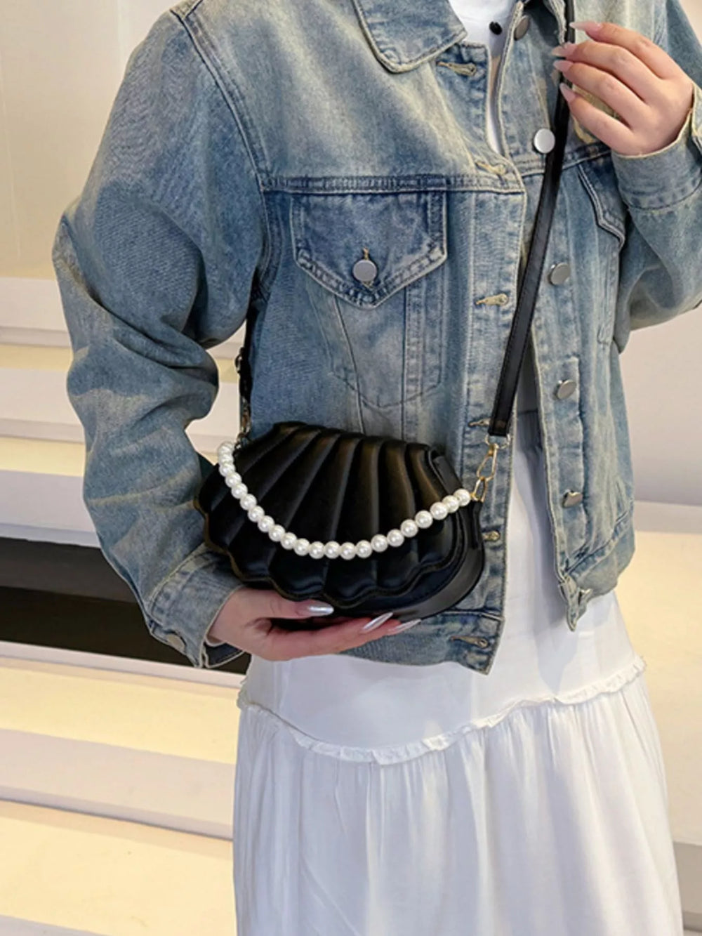 Shell-Shaped Pearl Decor Crossbody Bag - Trendsi - Flyclothing LLC