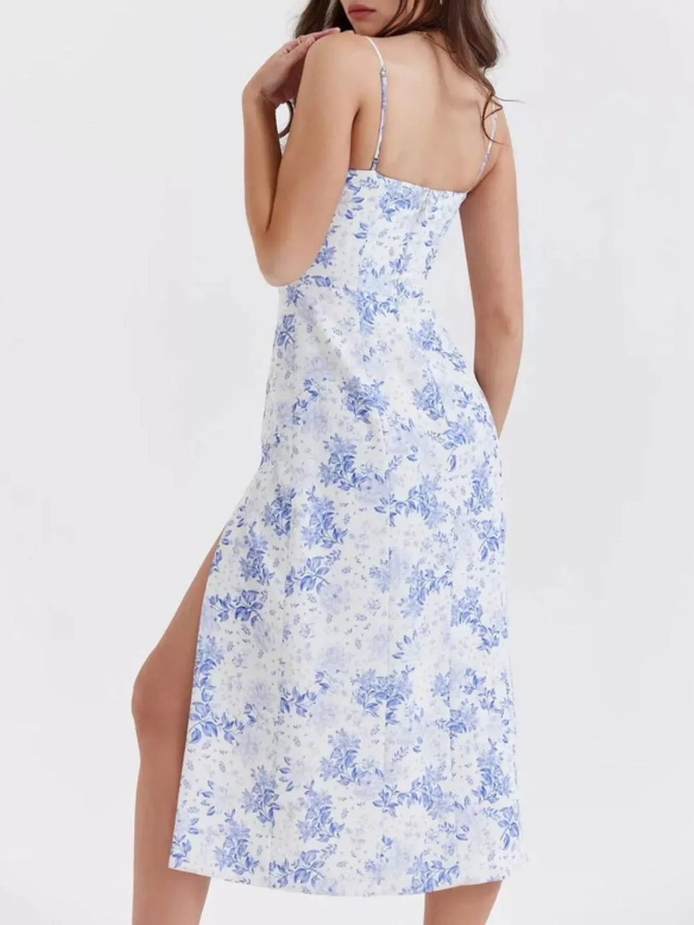 Floral Print Lace Trim Slit Midi Dress - Trendsi - Flyclothing LLC