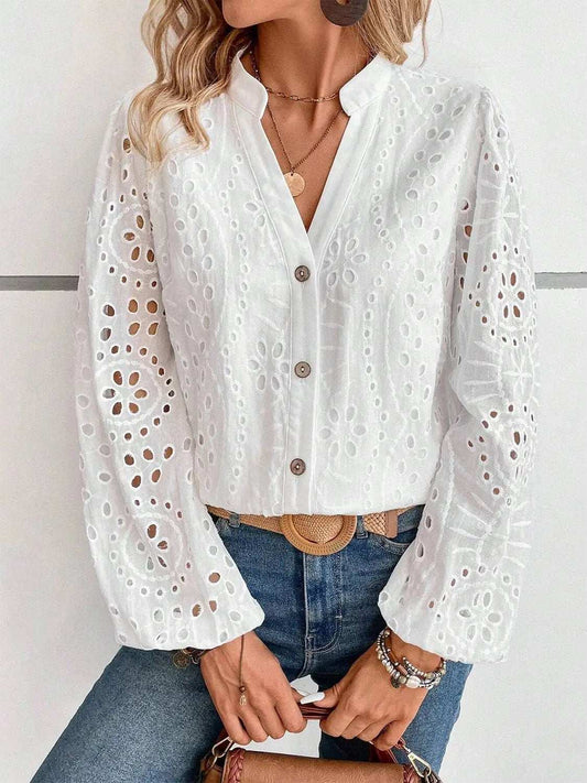 Cutout Notched Long Sleeve Blouse - Trendsi - Flyclothing LLC