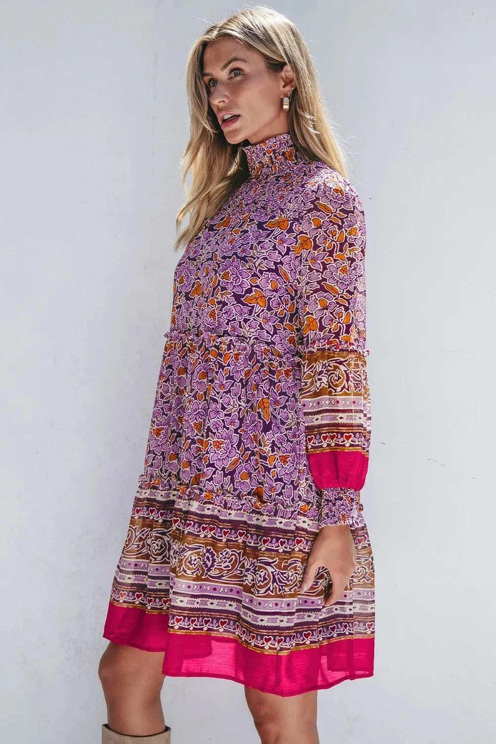 Smocked Floral Turtleneck Long Sleeve Dress - Trendsi - Flyclothing LLC